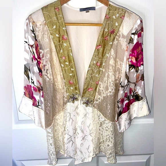 Vintage Tracy Collins Off White Lace Kimono Floral Embellished, Boho Cardigan L - Picture 1 of 8